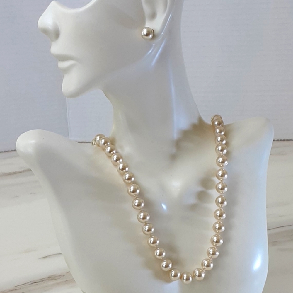 VTG JOSTENS SYNTHETIC PEARL NECKLACE 925 SILVER GOLD PLATED CLASP | EARR…
